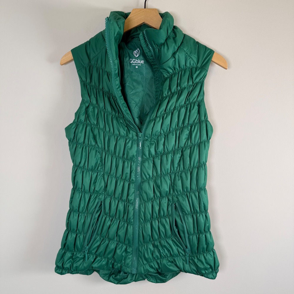 GGblue Puffer Vest Medium Green Ruched Quilted Full Zip Mock‎ Neck Sleeveless